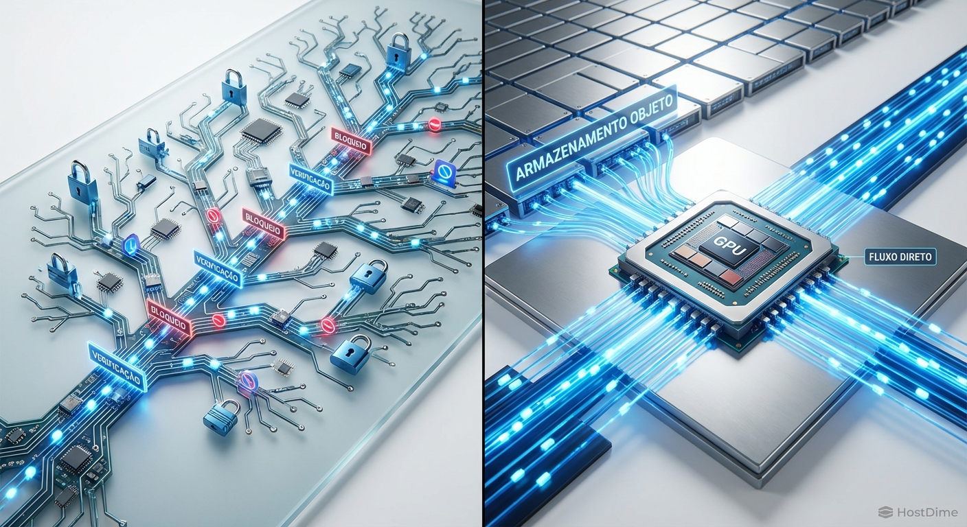 Comparação visual entre a hierarquia complexa do POSIX e o namespace plano do Object Storage.