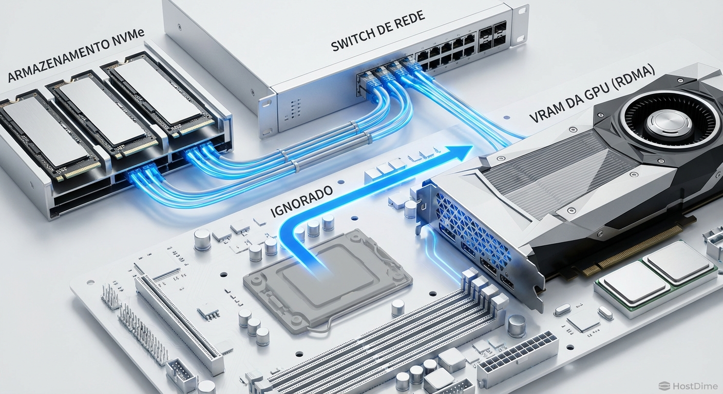 Fluxo de dados via GPUDirect Storage, ignorando a CPU e entregando dados do NVMe direto para a GPU.