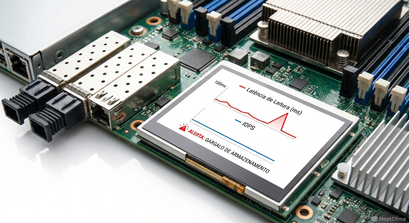 Monitoramento de latência: o gráfico exibe o exato momento em que a fila de I/O do storage satura durante a inicialização simultânea de várias máquinas virtuais.