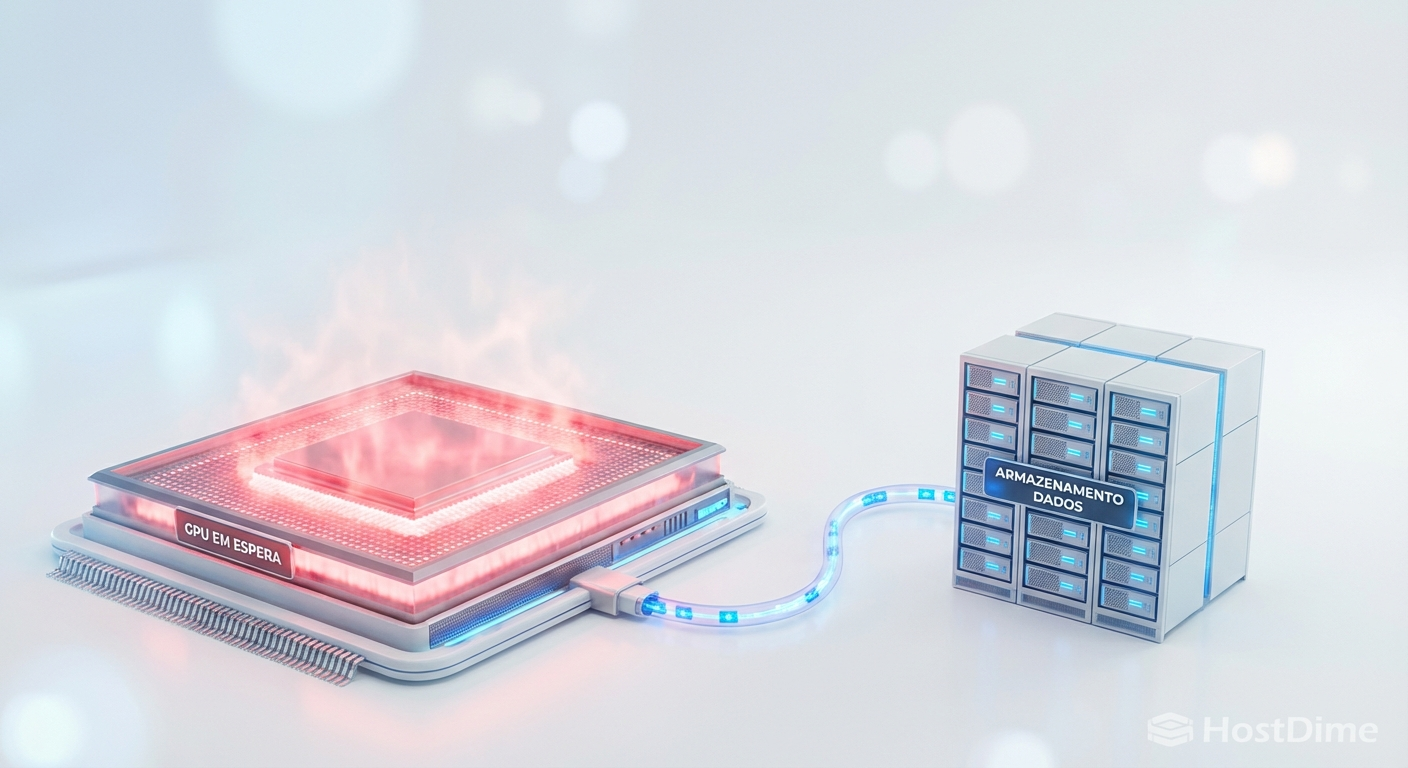 Representação visual do gargalo de I/O: GPUs de alta performance limitadas por barramentos de storage lentos