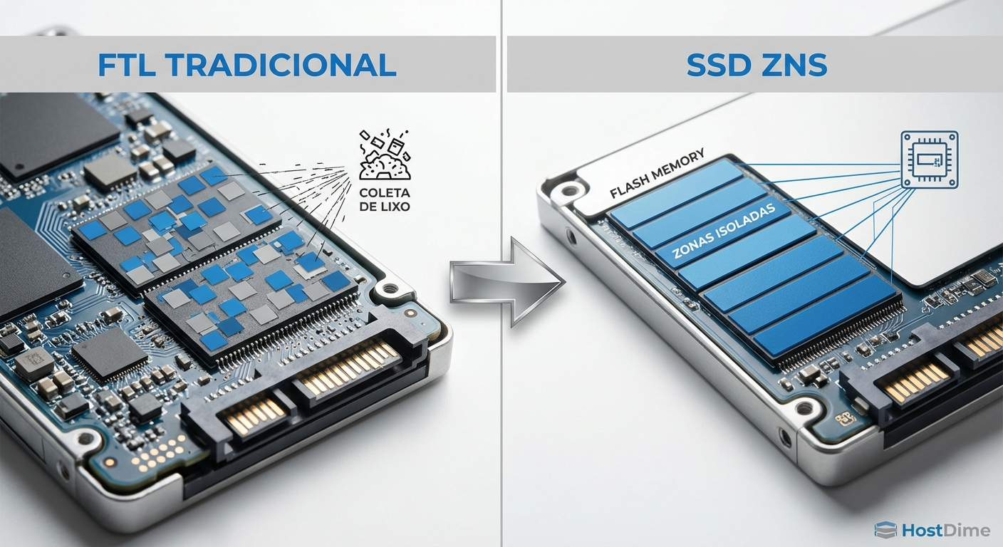 Arquitetura tradicional baseada em FTL versus o modelo ZNS, onde o host gerencia o posicionamento dos dados.