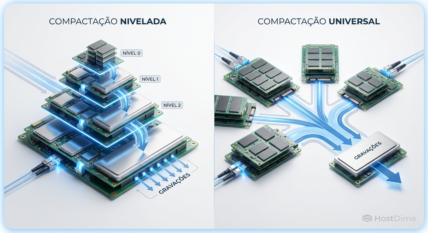 Comparativo visual do fluxo de dados: Leveled Compaction (foco em leitura) vs Universal Compaction (foco em preservação de mídia).