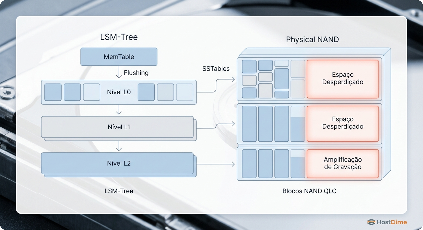 Diagrama ilustrando o desalinhamento entre as SSTables geradas pela LSM-Tree e os blocos físicos de apagamento em um SSD QLC.