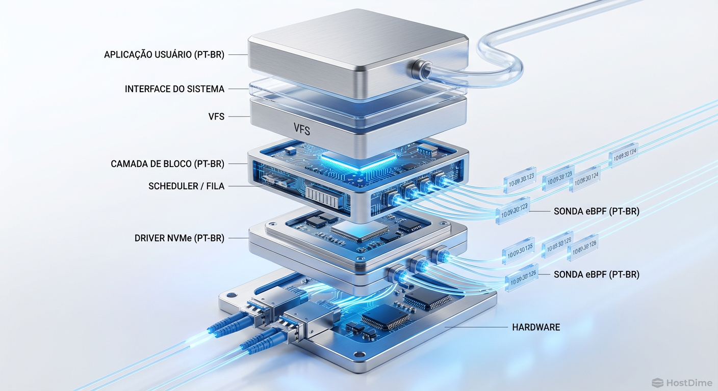 Diagrama da stack de I/O do Linux destacando os pontos de inserção das sondas eBPF.