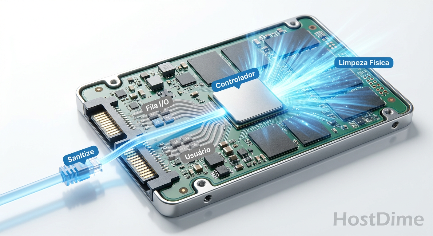 O fluxo de autoridade: como o comando Sanitize contorna as filas de I/O de usuário e força o controlador a executar uma limpeza física global.