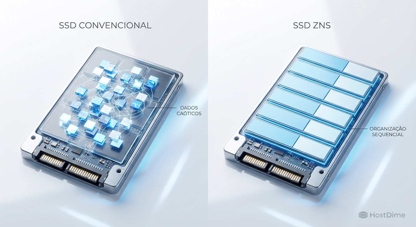 Comparação visual entre a estrutura de dados caótica de um SSD Convencional versus a organização sequencial por zonas de um SSD ZNS (Zoned Namespaces), destacando a previsibilidade do armazenamento.