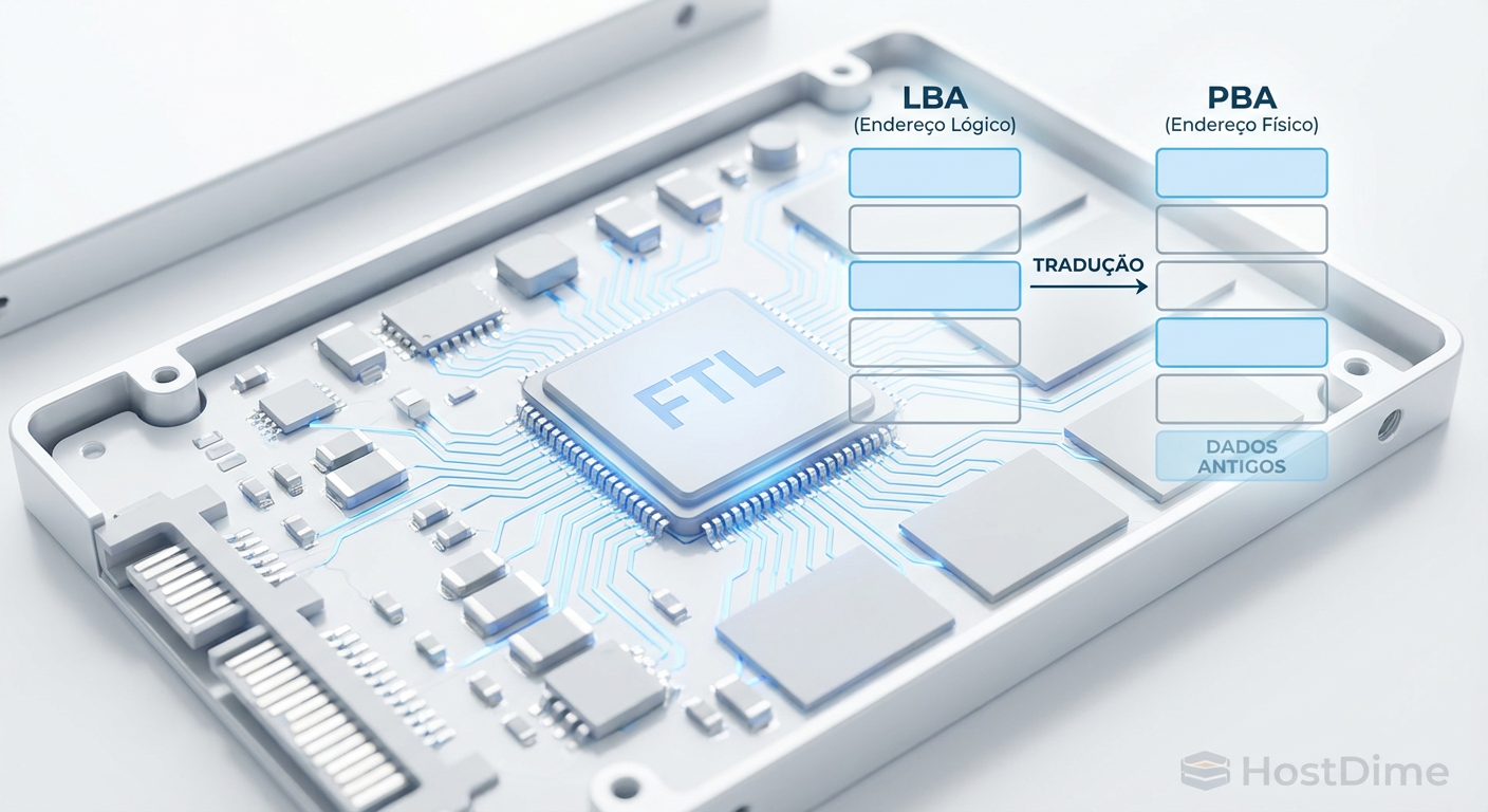 Diagrama esquemático da Camada de Tradução Flash (FTL) demonstrando o descompasso entre endereços lógicos (LBA) e físicos (PBA), evidenciando como dados antigos permanecem na memória.
