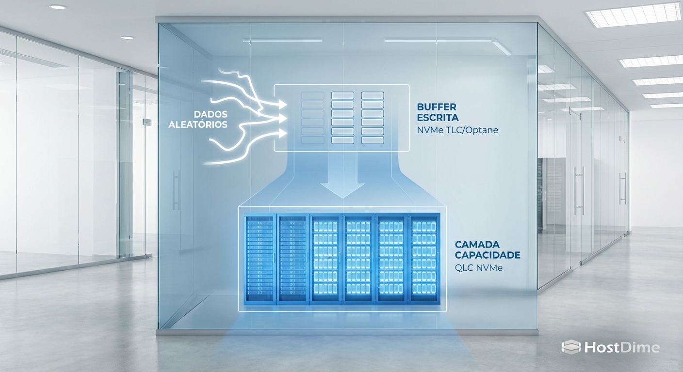 Corte técnico de um HDD com tecnologia de duplo atuador, demonstrando a movimentação independente dos braços superior e inferior sobre os pratos magnéticos.