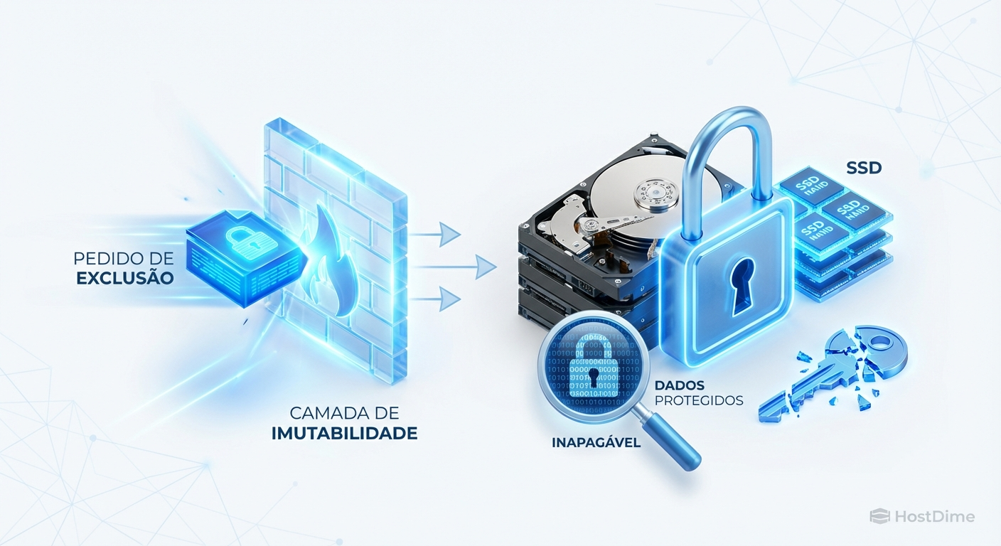 Diagrama técnico ilustrando o fluxo de bloqueio de I/O em storage imutável, onde a instrução de deleção é rejeitada pela camada de WORM, contrastando com a destruição da chave criptográfica.