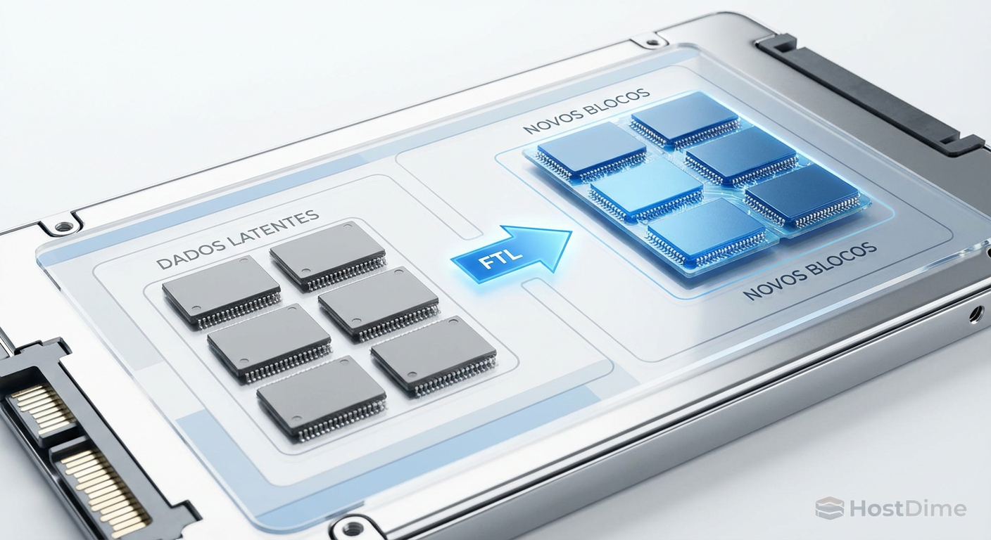 Diagrama esquemático demonstrando como a FTL redireciona gravações para novos blocos físicos, preservando os dados originais em estado latente.