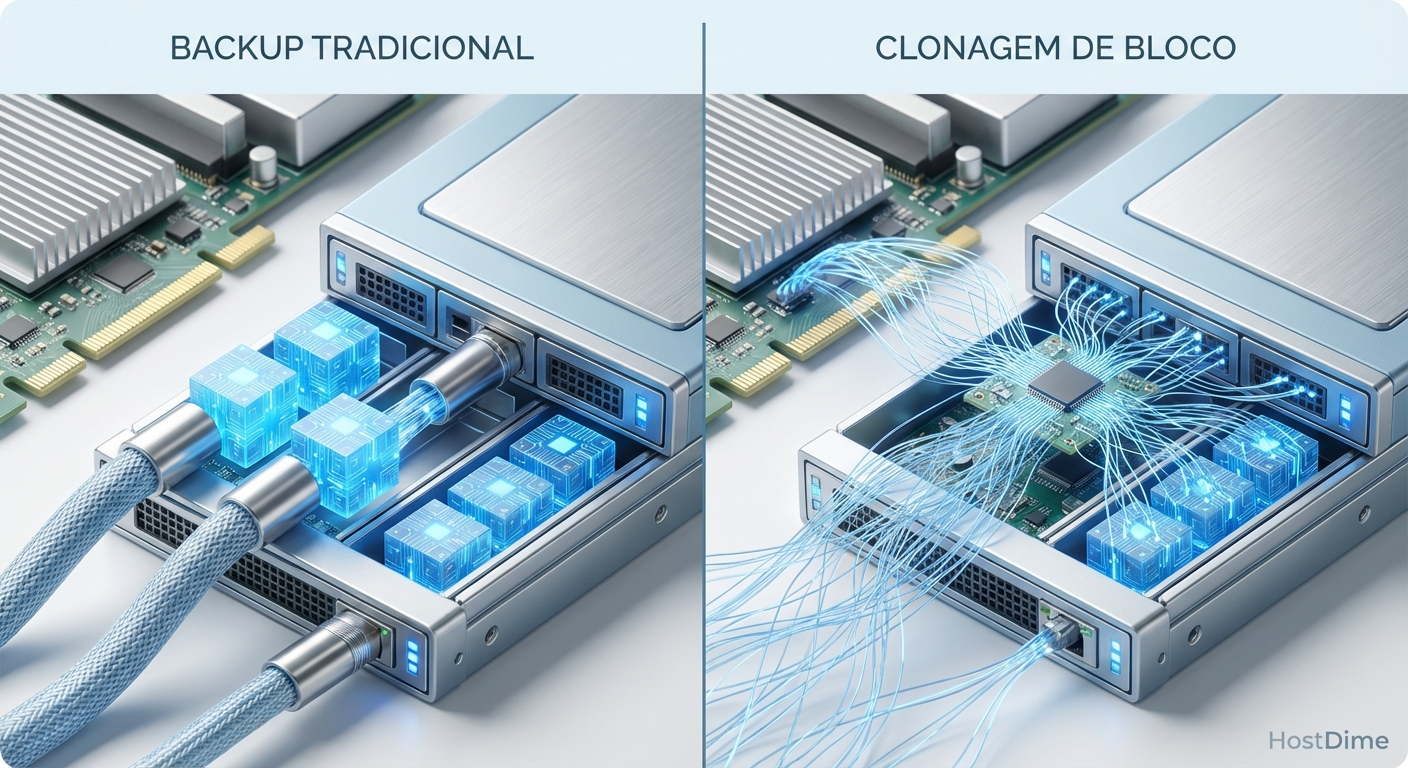 Diagrama conceitual mostrando a diferença de I/O entre um backup tradicional e o uso de block cloning com ponteiros de metadados