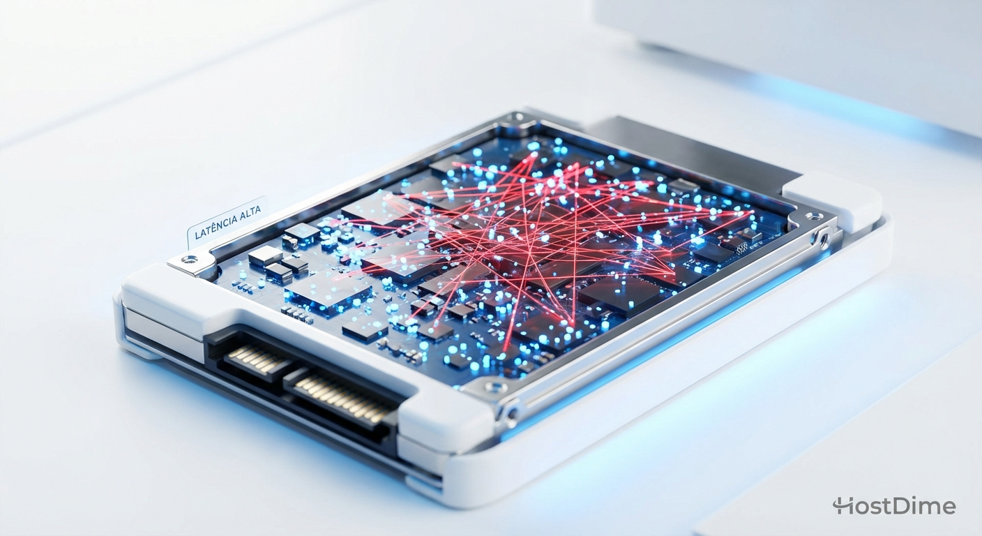 Representação visual da fragmentação severa de metadados, onde ponteiros precisam cruzar todo o disco para remontar um único arquivo