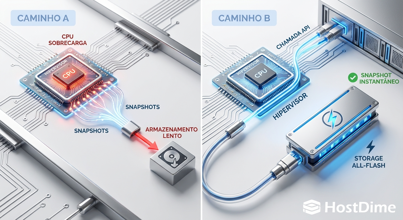 Comparativo arquitetural entre processamento de snapshot no hypervisor versus offload para o array de storage