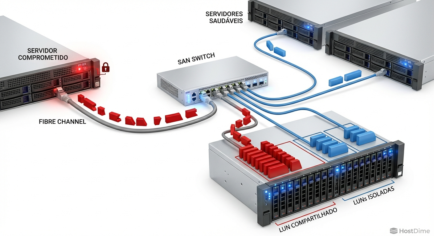 Diagrama ilustrando a propagação de I/O malicioso de um host comprometido para uma LUN compartilhada na malha Fibre Channel.