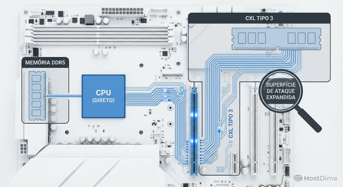 Comparativo da superfície física: A topologia DDR confinada versus a exposição do barramento CXL sobre PCIe.