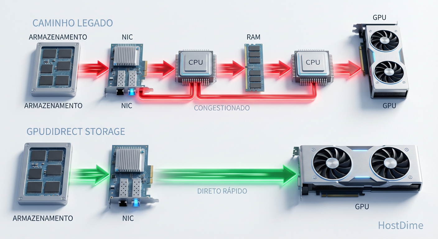 Comparação de Data Path: O caminho legado (topo) sobrecarrega a CPU com cópias de memória. O caminho GPUDirect (fundo) cria um túnel direto entre o Storage e a GPU.