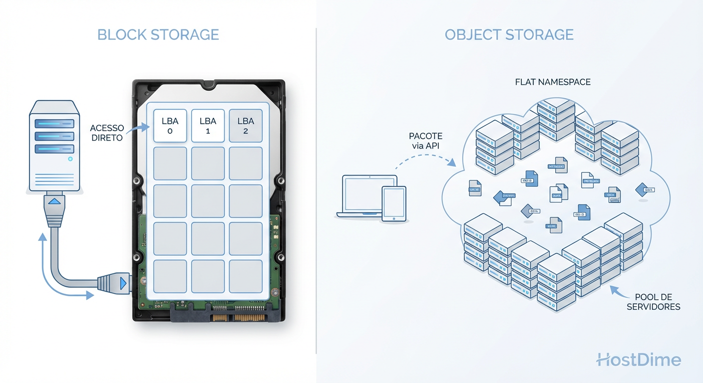 Legenda: Block Storage gerencia endereços físicos lógicos; Object Storage gerencia chaves em um namespace plano.