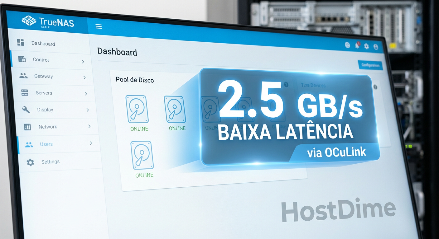 Painel do TrueNAS Scale demonstrando a alta taxa de transferência obtida através da conexão direta PCIe.