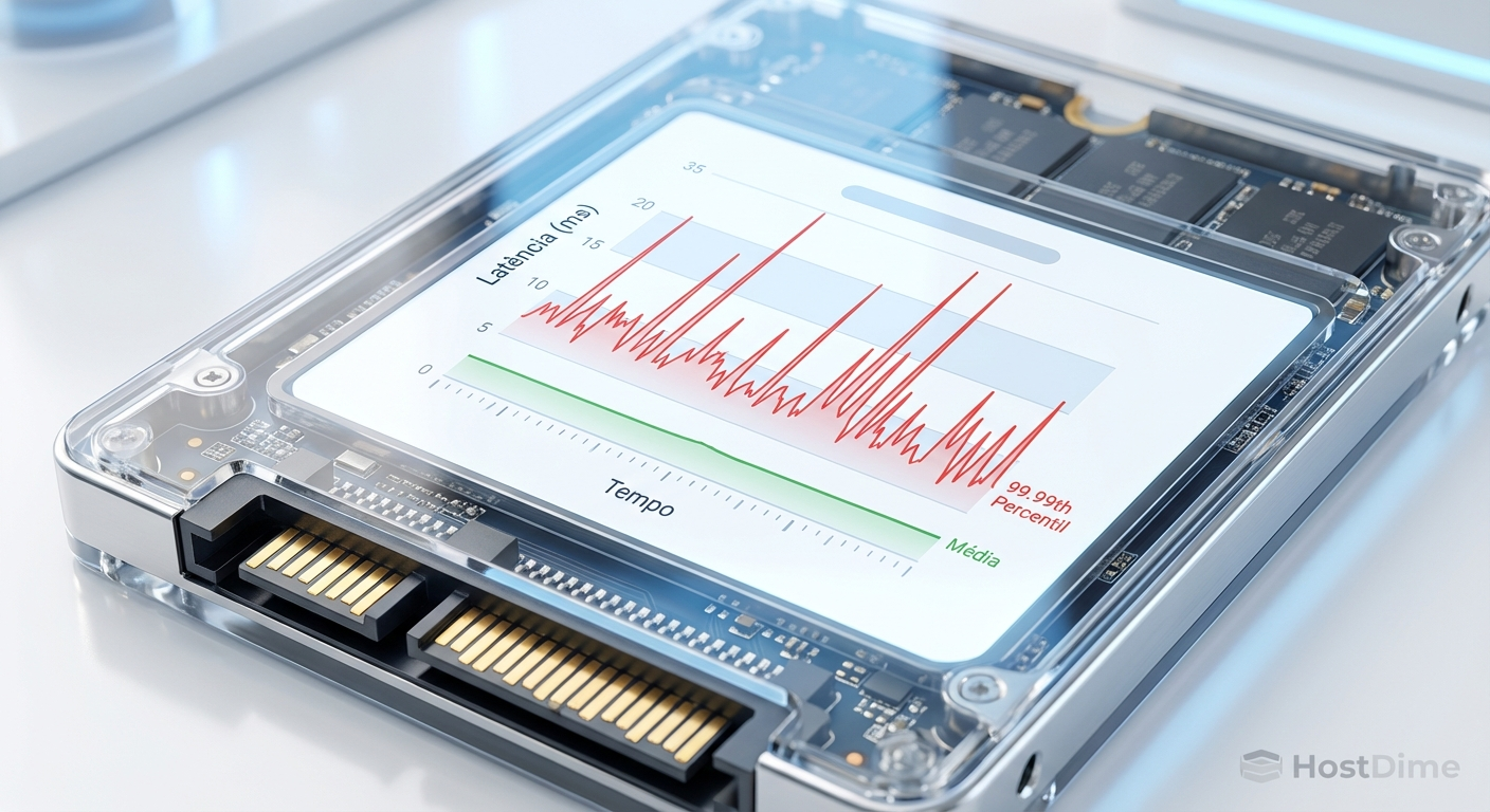 Gráfico evidenciando como a latência média esconde os picos severos revelados pela análise do percentil 99.99.