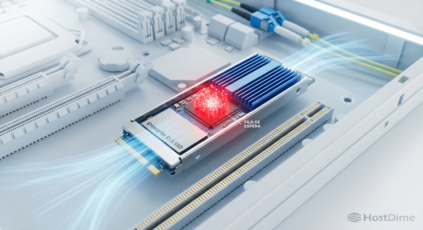 Representação visual do acúmulo de requisições no controlador de um SSD NVMe durante um gargalo de I/O.