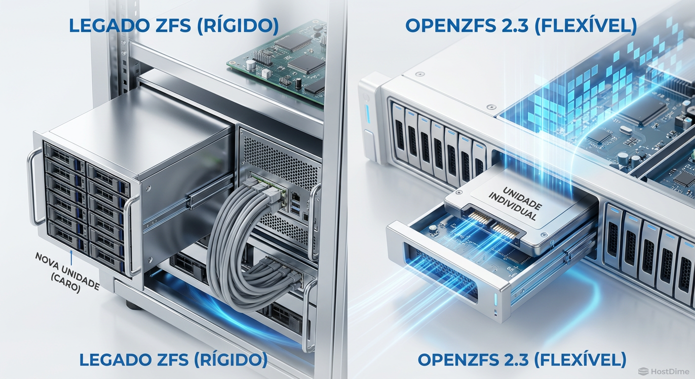 Comparativo visual: A rigidez da expansão por VDEV versus a granularidade da nova expansão RAIDZ.