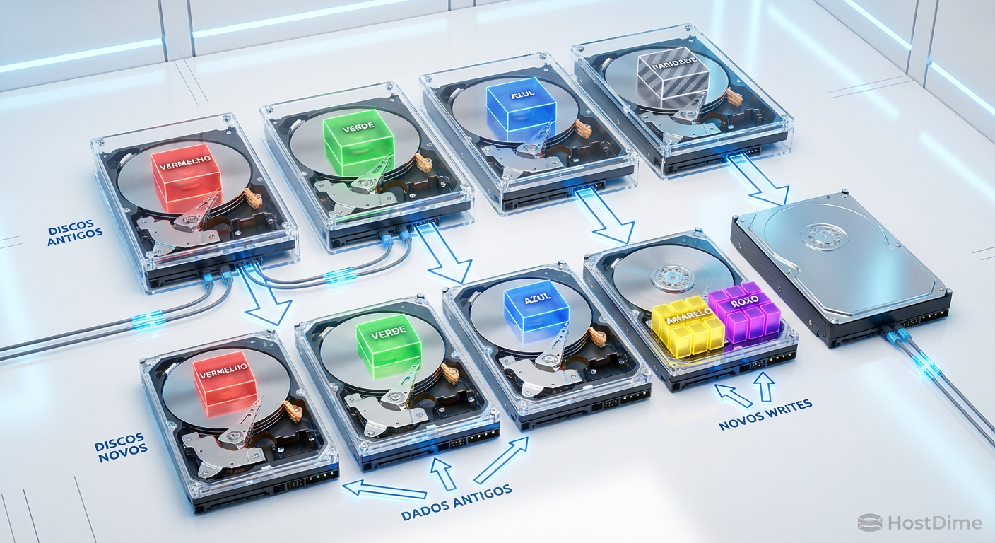 Diagrama técnico ilustrando como os blocos de dados antigos mantêm o layout original enquanto novos dados aproveitam a densidade do novo disco no RAIDZ Expansion.