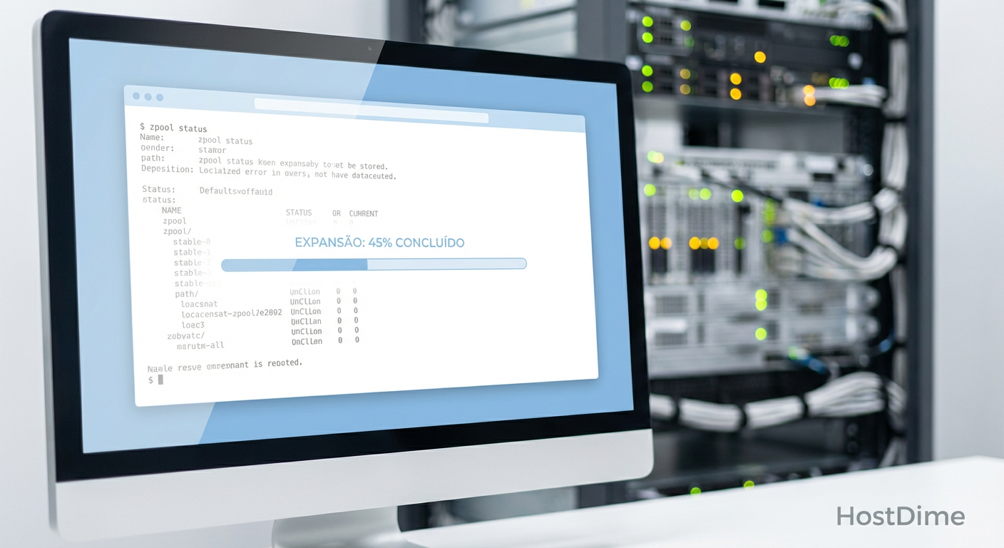 Fotografia macro de um terminal exibindo o status de expansão do zpool com barra de progresso e luzes de servidor ao fundo.