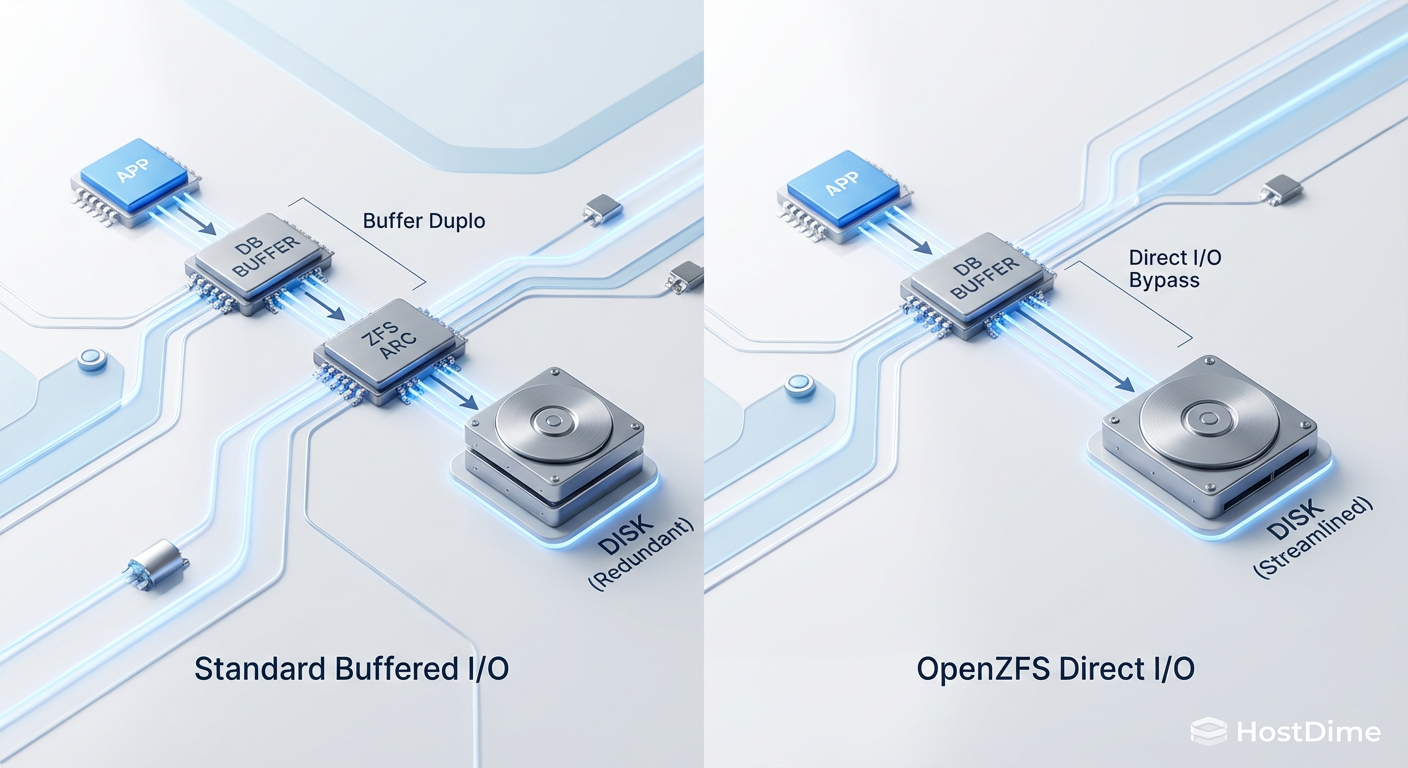 Fig 1. O caminho do I/O: A ineficiência do Buffer Duplo vs. a precisão do Direct I/O.