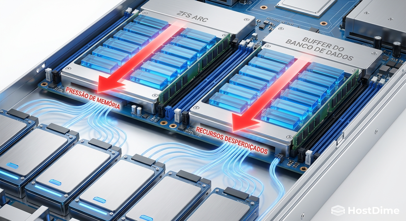 Diagrama ilustrando o desperdício de memória RAM causado pelo duplo cache entre o ZFS e o banco de dados