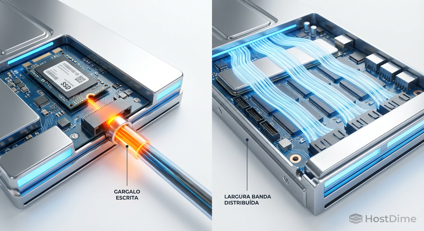Comparação visual do gargalo de escrita em um Hot Spare dedicado versus a largura de banda distribuída no dRAID.