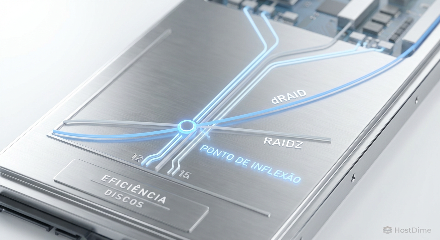 Gráfico de eficiência: O ponto de inflexão onde o dRAID supera o RAIDZ tradicional ocorre geralmente acima de 12-15 discos.