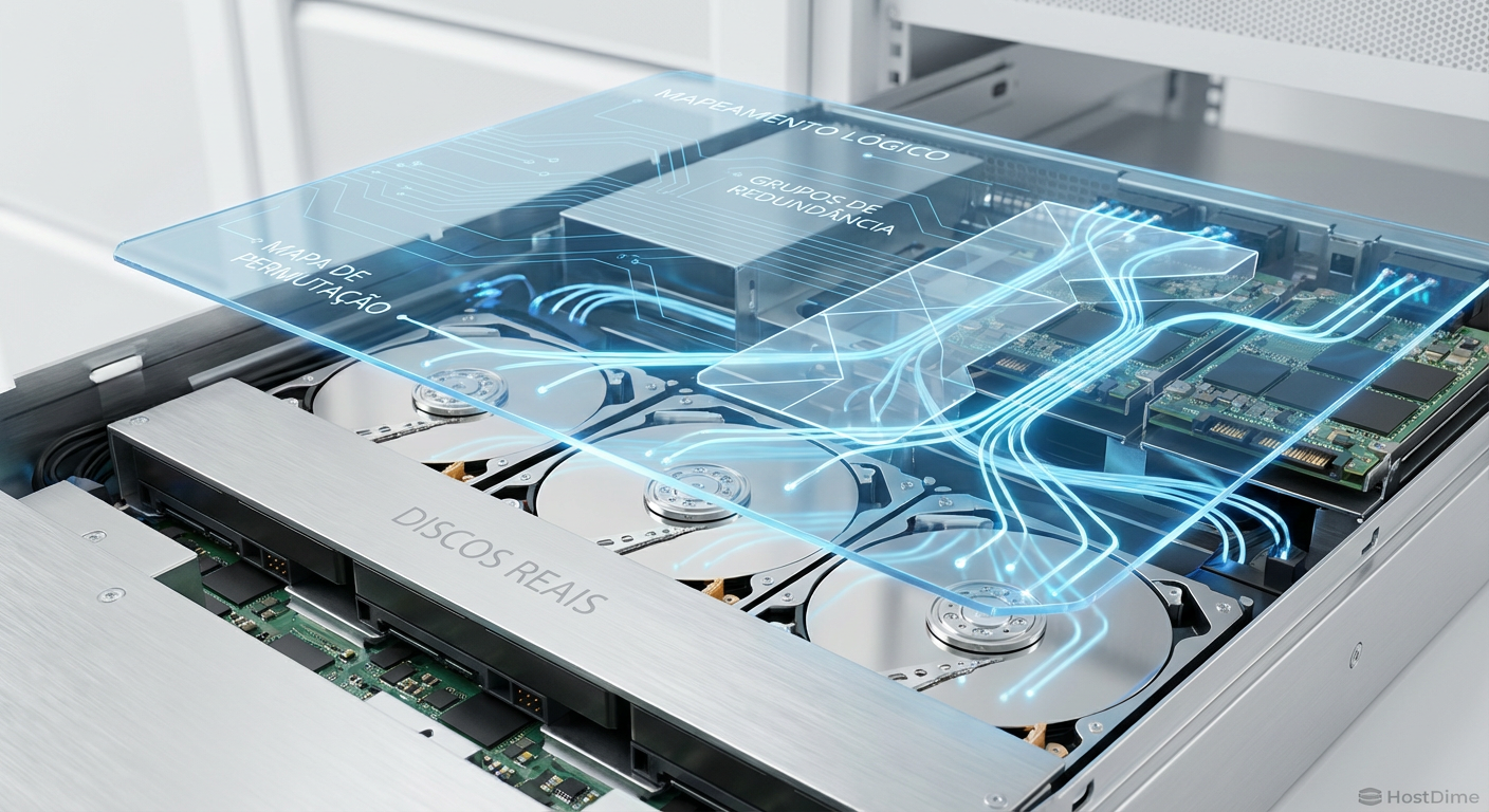 O mapeamento lógico: Grupos de Redundância sendo distribuídos fisicamente através de um mapa de permutação sobre os discos reais.