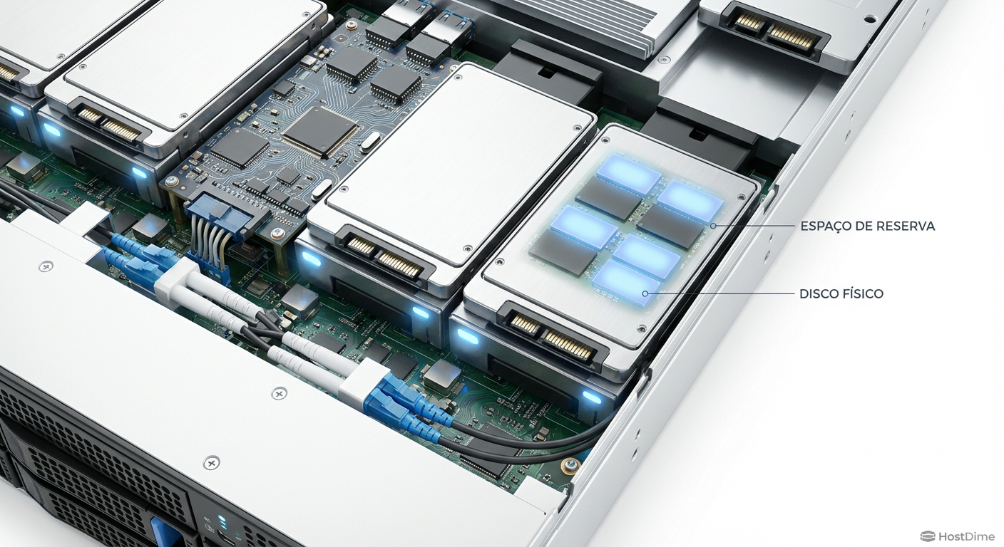 Visualização lógica de como o espaço de reserva (spare) é distribuído em blocos por todos os discos no dRAID, em vez de residir em um único dispositivo físico.