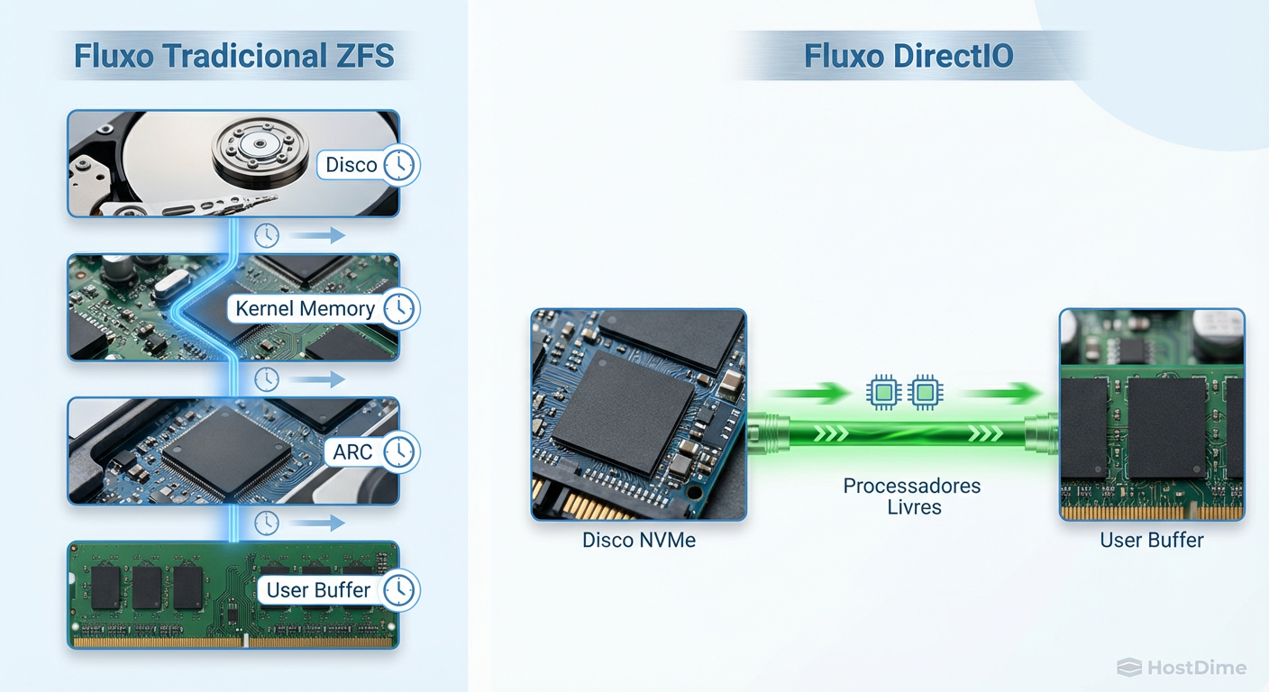 O impacto do DirectIO no pipeline de dados: eliminando cópias de memória redundantes em velocidades NVMe.