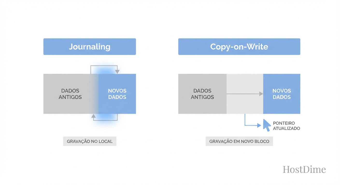 Fig. 1: A diferença fundamental: enquanto o EXT4/XFS sobrescrevem dados (com risco durante falhas), o ZFS sempre escreve em novos blocos.