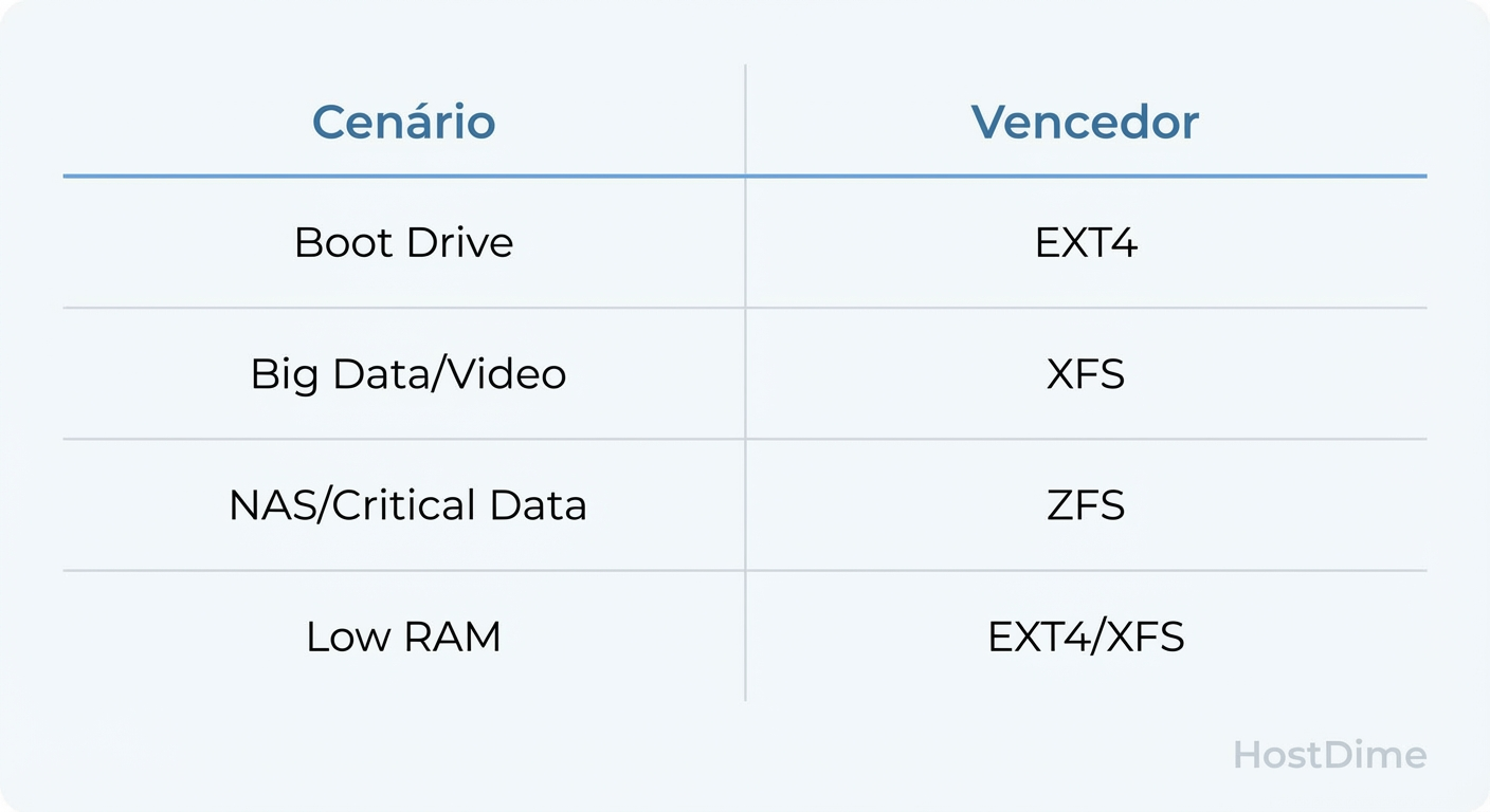 Fig. 4: Matriz de decisão rápida para escolher o sistema de arquivos ideal para sua carga de trabalho em 2026.