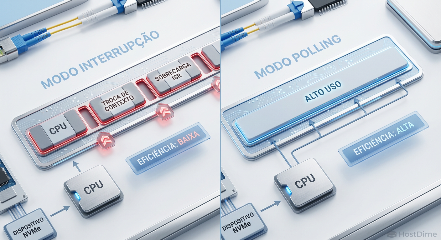 Comparativo visual: O custo das trocas de contexto no modelo de interrupção versus a utilização contínua no modelo de polling.