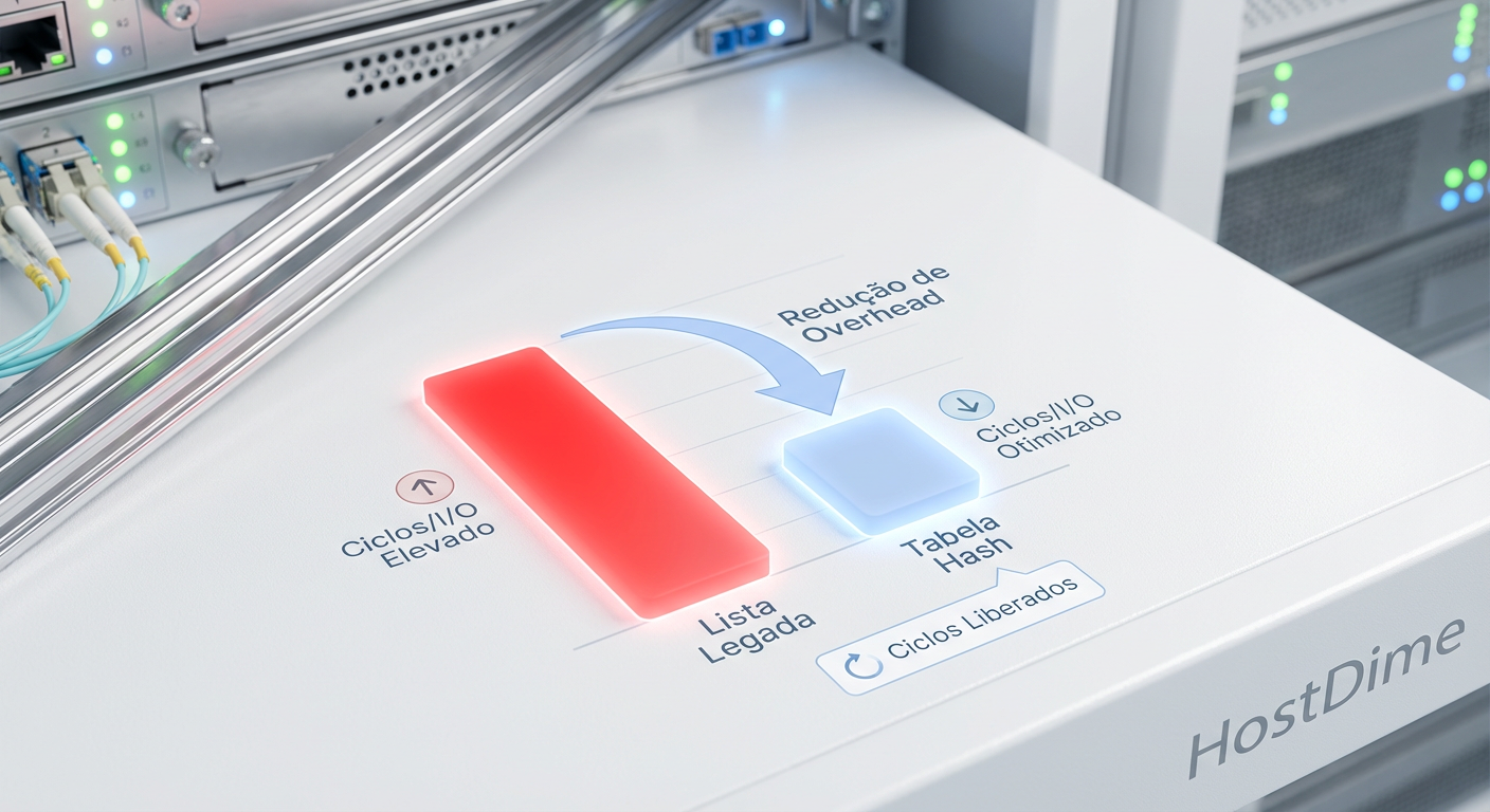 Gráfico de eficiência: Redução drástica de ciclos de CPU gastos por operação de I/O com a implementação de hash tables.