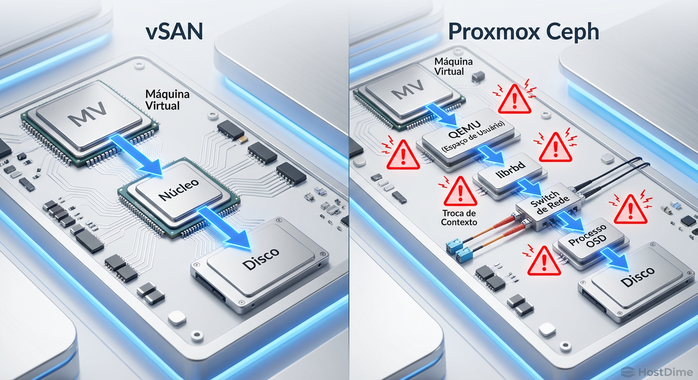 Comparativo do caminho de I/O: A integração direta do Kernel no vSAN versus o caminho via Userspace/librbd no Proxmox Ceph.