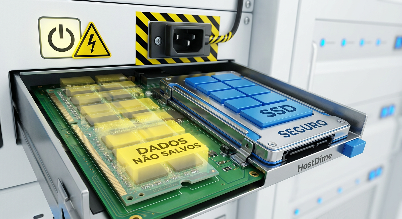 O risco do Cache Writeback: Dados retidos na RAM do host durante uma falha de energia resultam em perda de dados antes da confirmação no storage.