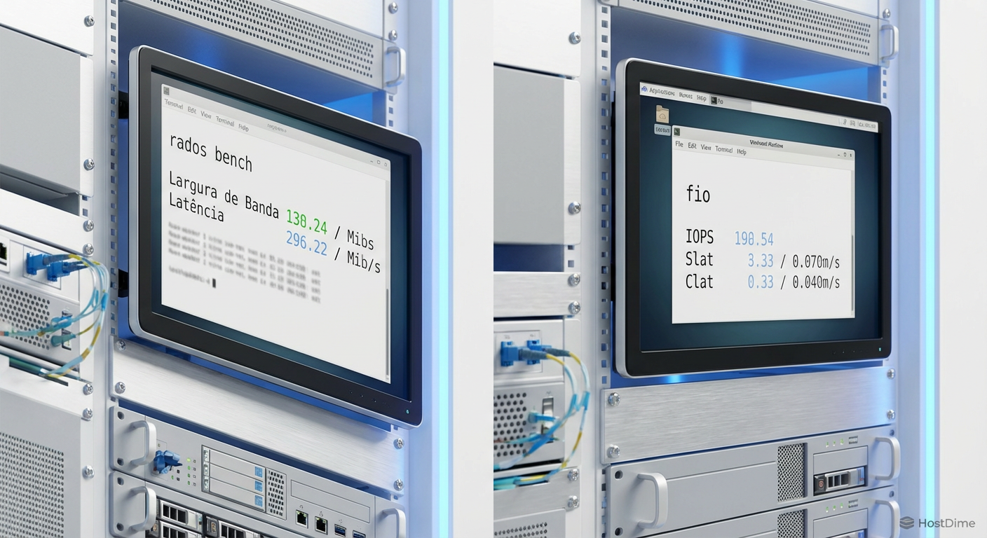Validando a performance: rados bench para o cluster físico versus fio para a experiência da VM.