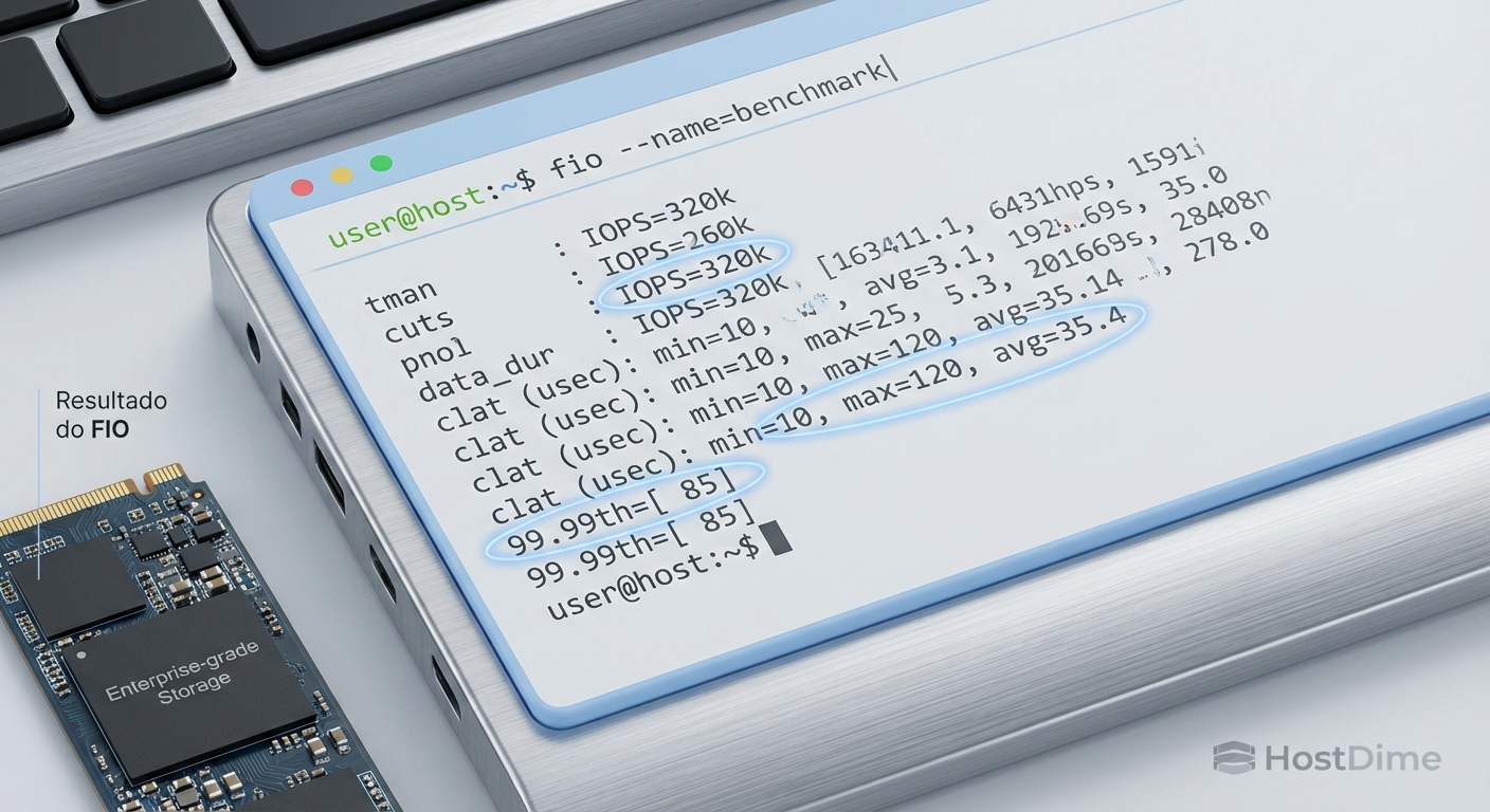 A verdade nos números: Focar nos percentis de latência (clat) revela a estabilidade do drive sob estresse, algo invisível na média simples.