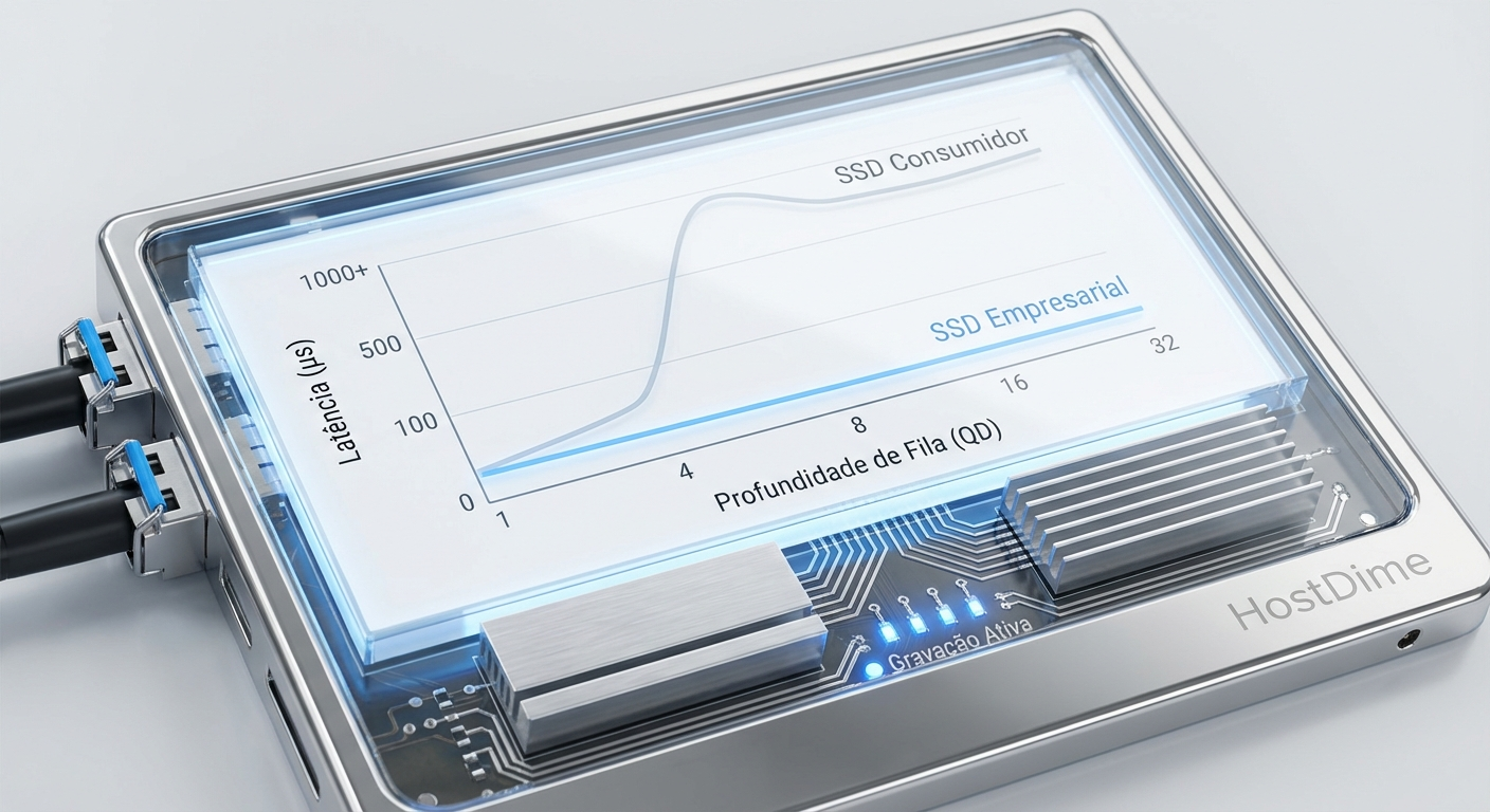 Comparativo de Latência vs. Queue Depth: Drives de consumo tendem a colapsar sob carga mista, enquanto drives Enterprise mantêm a consistência.