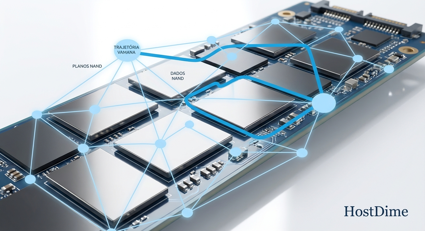 Visualização da dispersão física: a lógica do grafo Vamana exige saltos aleatórios entre diferentes chips NAND, anulando a sequencialidade.