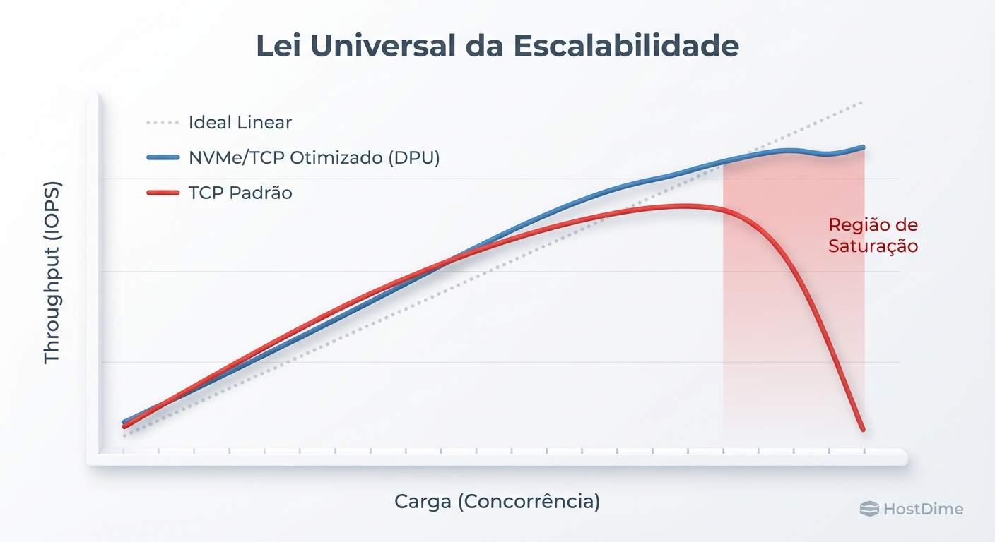 Fig. 1: A Lei Universal da Escalabilidade aplicada ao Storage. O 'Standard TCP' sofre de latência de coerência (β) severa, causando retrocesso de performance sob alta carga.