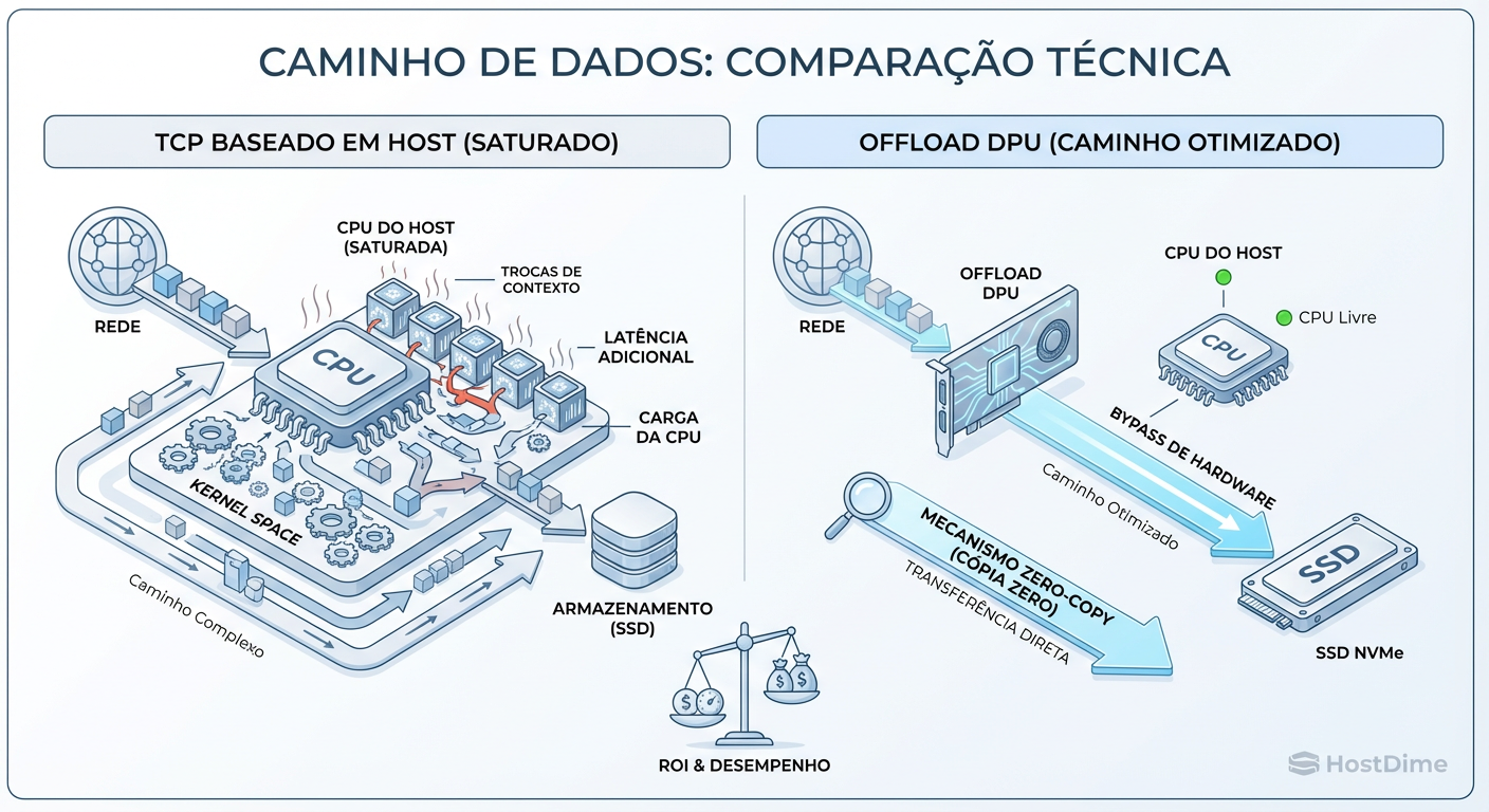 Fig. 2: A anatomia do 'Overhead'. À esquerda, o ciclo custoso de interrupções do kernel. À direita, o offload completo da pilha de rede.