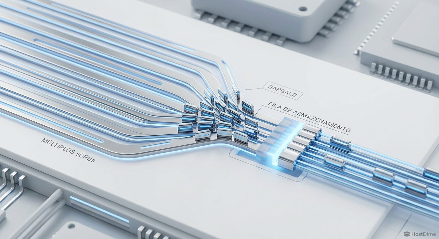 Metáfora visual do gargalo de agendamento: múltiplas vCPUs tentando acessar uma única fila de storage congestionada.