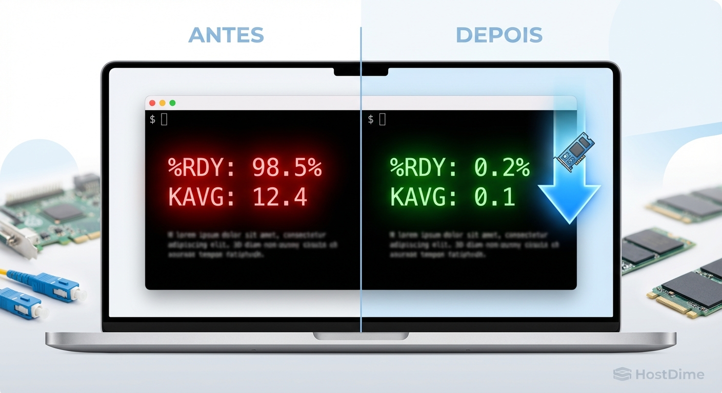 Representação de um terminal mostrando a queda drástica das métricas de CPU Ready e KAVG após a otimização da controladora.