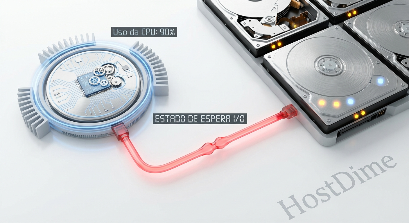 Representação visual de um núcleo de CPU desperdiçando ciclos em estado de I/O wait enquanto aguarda dados de um storage lento.