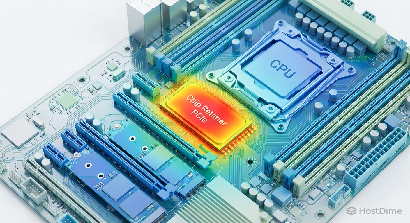 Mapa de calor (imagem térmica) de uma placa-mãe de servidor destacando um chip retimer PCIe extremamente quente localizado entre a CPU e os conectores NVMe.
